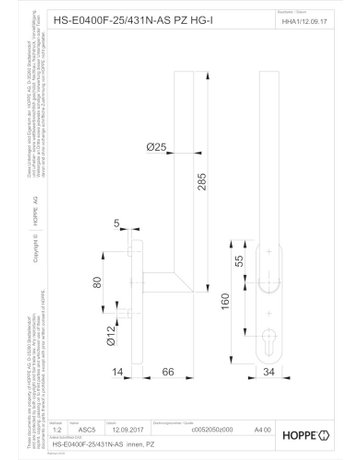 Bild HS-Grt.,PZ,edelstahl matt Amsterdam HS-E0400F-25/431N-AS innen - HOPPE-1