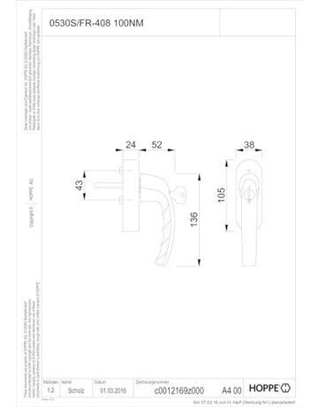 Bild Drehkipp- Fenstergriff, mit Funk-Konsole, Atlanta 0530S/FR-408 100NM, Vierkant 7, Stift vorstehend 32-42, Aluminium, stahlfarbig eloxiert - HOPPE-1