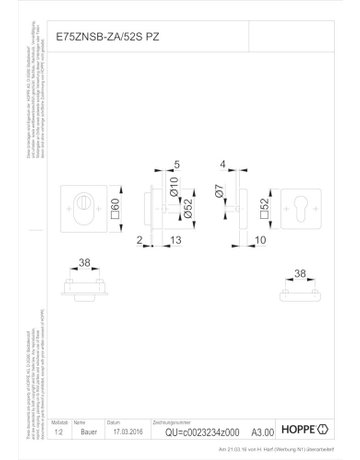 Bild Schutzrosette E75ZNSB-ZA/52S eck/fla.,2mm,ZA/PZ,F69,TS65-75 - HOPPE-1