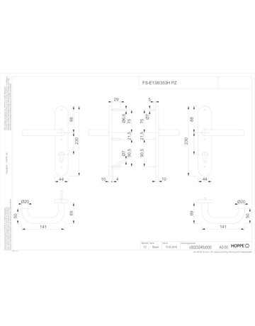 Bild HOPPE Drückergarnitur Paris FS-E138/353H, Langschild, oval, Profilzylinder gelocht, Entfernung 72mm, Vierkant 9mm, Türstärke 40 - 65mm, Befestigungstechnik mit Stütznocken, grau, edelstahl matt-1