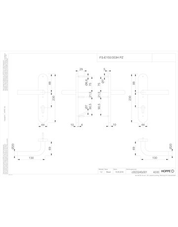 Bild HOPPE Drückergarnitur Bonn FS-E150/353H, Langschild, oval, Profilzylinder gelocht, Entfernung 72mm, Vierkant 9mm, Türstärke 40 - 65mm, Befestigungstechnik mit Stütznocken, grau, edelstahl matt-1