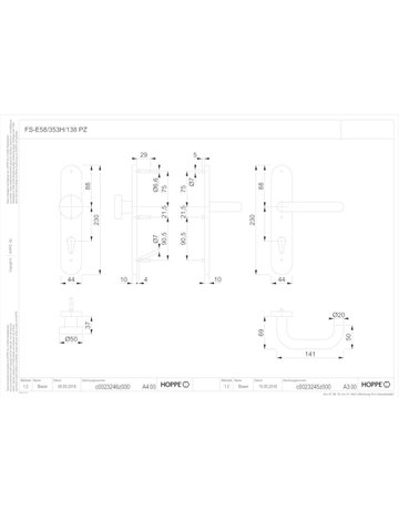 Bild HOPPE Wechselgarnitur Paris FS-E58/353H/138, Langschild, oval, Profilzylinder gelocht, Entfernung 72mm, Vierkant 9mm, Türstärke 40 - 65mm, Befestigungstechnik mit Stütznocken, grau, edelstahl matt-1