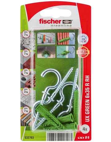 Bild Universaldübel UX Green 6x35mm,KU,m.Rand,m.Rundhaken,VE 4 - fischer-1