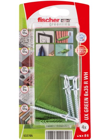 Bild Universaldübel UX Green 6x35mm,KU,m.Rand,m.Winkelhaken,VE 4 - fischer-1