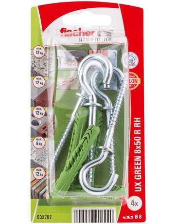 Bild Universaldübel UX Green 8x50mm,KU,m.Rand,m.Rundhaken,VE 4 - fischer-1