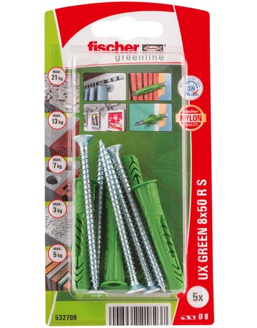 Bild Universaldübel UX Green 8x50mm,KU,m.Rand,m.Schraube,VE 5 - fischer-1