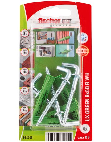 Bild Universaldübel UX Green 8x50mm,KU,m.Rand,m.Winkelhaken,VE 4 - fischer-1