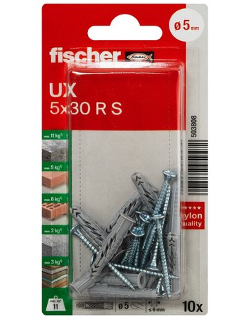 Bild Universaldübel UX 5x30mm,KU,m.Rand,m.Schraube,VE 10 - fischer-1