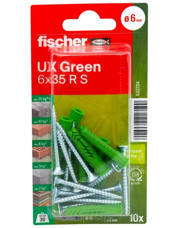 Bild Universaldübel UX Green 6x35mm,KU,m.Rand,m.Schraube,VE 10 - fischer-1
