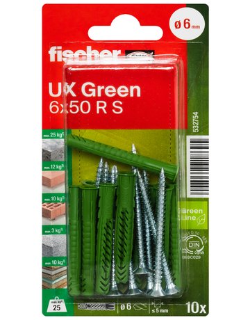 Bild Universaldübel UX Green 6x50mm,KU,m.Rand,m.Schraube,VE 10 - fischer-1