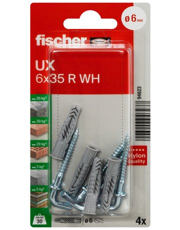 Bild Universaldübel UX 6x35mm,KU,m.Winkelhaken,VE 4 - fischer-1