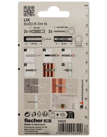 Bild Universaldübel UX 8x50mm,KU,m.Ösenhaken Nylonbesch.,VE 2 - fischer-2