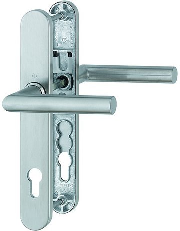 HOPPE Drückergarnitur Amsterdam E1400F/3357N, Langschild, oval, Profilzylinder gelocht, Entfernung 92mm, Vierkant 8mm, Türstärke 67 - 72mm, Befestigungstechnik mit Stütznocken, grau, edelstahl matt