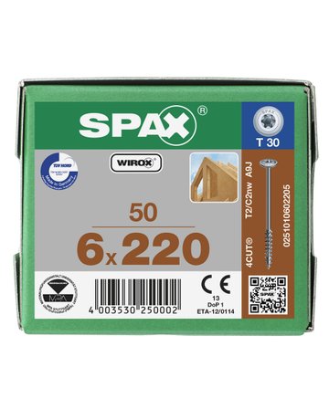 Holzschraube Hi.FORCE Tellerkopf 6x220mm,Teilgw,Innensechsrund T30,WIROX - SPAX