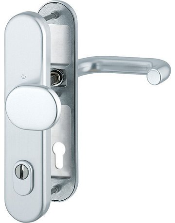 HOPPE Sicherheits-Wechselgarnitur Paris FS-86G/3332ZA/3310/138F, Langschild oval, 15mm, ES 1, mit Zylinderabdeckung, Profilzylinder gelocht, Entfernung 92mm, Vierkant 9mm, Türstärke 67-72mm, naturfarben eloxiert