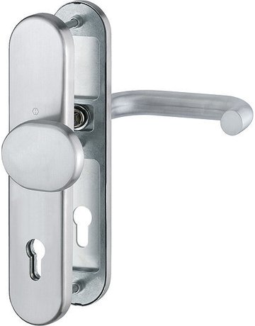 HOPPE Sicherheits-Wechselgarnitur Paris FS-E86G/3331/3310/138F, Langschild oval, 12mm, ES 1, ohne Zylinderabdeckung, Profilzylinder gelocht, Entfernung 92mm, Vierkant 9mm, Türstärke 67-72mm, edelstahl matt