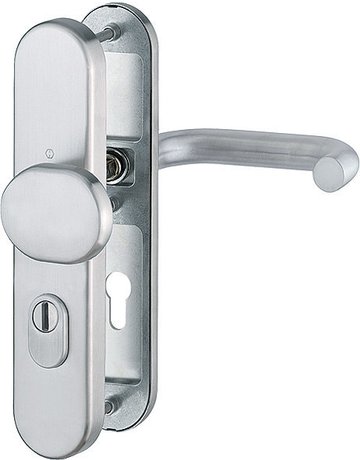 HOPPE Sicherheits-Wechselgarnitur Paris FS-E86G/3332ZA/3310/138F, Langschild oval, 15mm, ES 1, mit Zylinderabdeckung, Profilzylinder gelocht, Entfernung 72mm, Vierkant 9mm, Türstärke 42-47mm, edelstahl matt