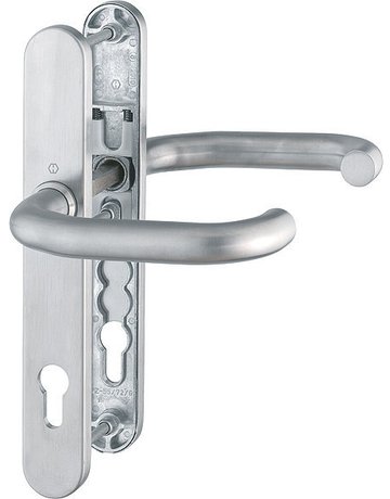 HOPPE Drückergarnitur Paris RD-E138GF/3357N, Langschild, oval, Profilzylinder gelocht, Entfernung 92mm, Vierkant 9mm, Türstärke 67 - 72mm, Befestigungstechnik mit Stütznocken, grau, edelstahl matt