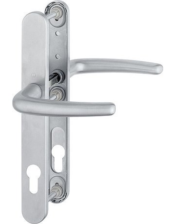 HOPPE Drückergarnitur Denver E1310Z/3346, Langschild, oval, Profilzylinder gelocht, Entfernung 92mm, Vierkant 8mm, Türstärke 67 - 72mm, Befestigungstechnik mit Stütznocken, grau, edelstahl matt