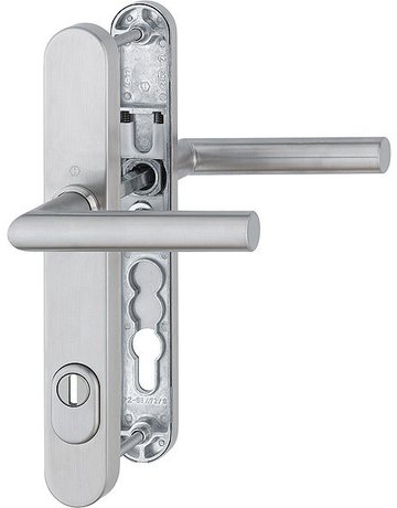 HOPPE Sicherheits-Drückergarnitur Amsterdam E1400F/3359ZA/3357N, Langschild oval, 15mm, ES 1, mit Zylinderabdeckung, Profilzylinder gelocht, Entfernung 92mm, Vierkant 8mm, Türstärke 67-72mm, edelstahl matt