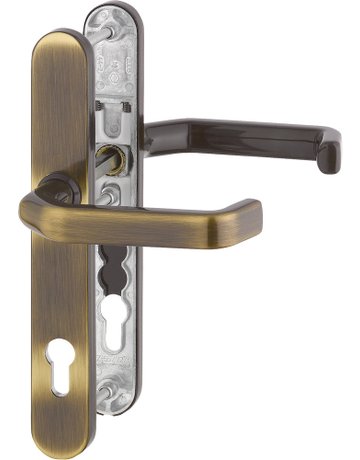 HOPPE Drückergarnitur Liverpool M1313G/3357N, Langschild, oval, Profilzylinder gelocht, Entfernung 92mm, Vierkant 8mm, Türstärke 67 - 72mm, Befestigungstechnik mit Stütznocken, braun, messing brüniert