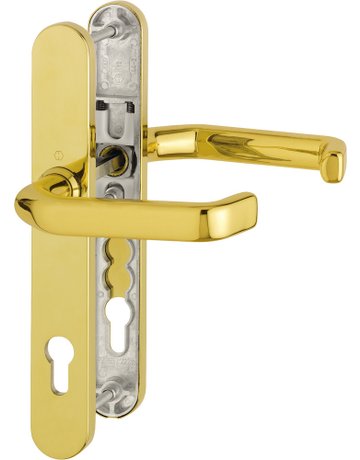 HOPPE Drückergarnitur Liverpool M1313G/3357N, Langschild, oval, Profilzylinder gelocht, Entfernung 92mm, Vierkant 8mm, Türstärke 67 - 72mm, Befestigungstechnik mit Stütznocken, gelb, messingfarben poliert-Resista®