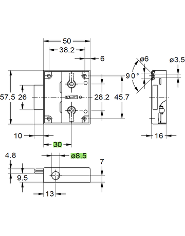 Bild Drehstangen-Schloss vernickelt 7010/30 Zuhaltung 8 X 8 mm für 8 mm Stg. Schließung 1-1