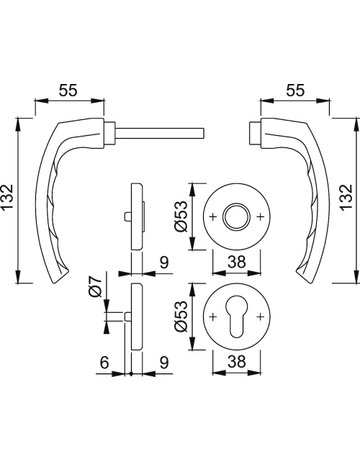 HOPPE Drückergarnitur Luxembourg 199/42KV/42KVS, Rosette, Profilzylinder gelocht, Vierkant 8mm, DIN Links-Rechts, TS 37 - 42mm, Befestigungstechnik mit Stütznocken, grau, stahlfarbig, eloxiert - 2