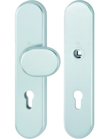 HOPPE Sicherheits-Wechselgarnitur 86G/3331/3310, Langschild oval, 12mm, ES 1, Profilzylinder gelocht, Entfernung 72mm, Vierkant 8mm, Türstärke 37-47mm, naturfarben eloxiert