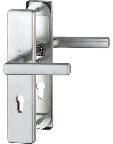 HOPPE Sicherheits-Drückergarnitur Dallas FS-E1643F/2221/2210, Langschild eckig, 12mm, ES 1, ohne Zylinderabdeckung, Profilzylinder gelocht, Entfernung 72mm, Vierkant 9mm, Türstärke 42-47mm, edelstahl matt