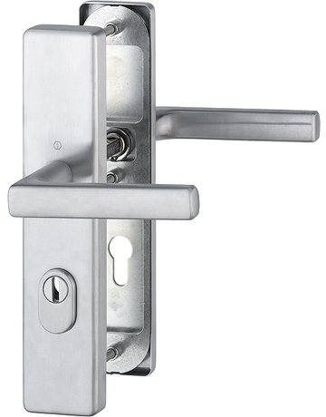 HOPPE Sicherheits-Drückergarnitur Dallas FS-E1643F/2222ZA/2210, Langschild eckig, 15mm, ES 1, mit Zylinderabdeckung, Profilzylinder gelocht, Entfernung 72mm, Vierkant 9mm, Türstärke 42-47mm, edelstahl matt