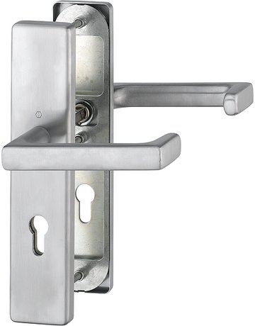 HOPPE Sicherheits-Drückergarnitur Detroit FS-E1644F/2221/2210, Langschild eckig, 12mm, ES 1, ohne Zylinderabdeckung, Profilzylinder gelocht, Entfernung 72mm, Vierkant 9mm, Türstärke 42-47mm, edelstahl matt