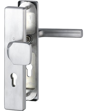 HOPPE Sicherheits-Wechselgarnitur Dallas FS-E61G/2221/2210/1643F, Langschild eckig, 12mm, ES 1, ohne Zylinderabdeckung, Profilzylinder gelocht, Entfernung 72mm, Vierkant 9mm, Türstärke 42-47mm, edelstahl matt