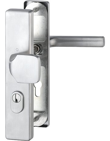 HOPPE Sicherheits-Wechselgarnitur Dallas FS-E61G/2222ZA/2210/1643F, Langschild eckig, 15mm, ES 1, mit Zylinderabdeckung, Profilzylinder gelocht, Entfernung 72mm, Vierkant 9mm, Türstärke 42-47mm, edelstahl matt