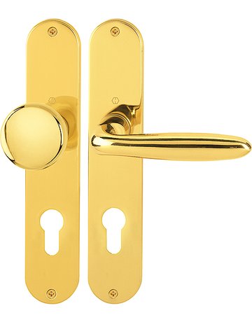 HOPPE Wechselgarnitur Verona M90/302/151, Langschild, oval, Profilzylinder gelocht, Entfernung 72mm, Vierkant 8mm, Türstärke 37 - 47mm, Befestigungstechnik ohne Stütznocken, gelb, messing poliert