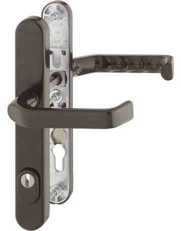 HOPPE Sicherheits-Drückergarnitur Liverpool 1313G/3359ZA/3357N, Langschild oval, 15mm, ES 1, mit Zylinderabdeckung, Profilzylinder gelocht, Entfernung 92mm, Vierkant 8mm, Türstärke 67-72mm, dunkelbraun seidenglänzend beschichtet