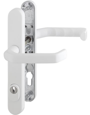 HOPPE Sicherheits-Drückergarnitur Liverpool 1313G/3359ZA/3357N, Langschild oval, 15mm, ES 1, mit Zylinderabdeckung, Profilzylinder gelocht, Entfernung 92mm, Vierkant 8mm, Türstärke 67-72mm, verkehrsweiß beschichtet
