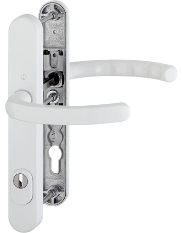 HOPPE Sicherheits-Drückergarnitur Luxembourg 1500/3359ZA/3357N, Langschild oval, 15mm, ES 1, mit Zylinderabdeckung, Profilzylinder gelocht, Entfernung 92mm, Vierkant 8mm, Türstärke 67-72mm, verkehrsweiß beschichtet