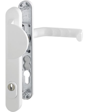 HOPPE Sicherheits-Wechselgarnitur Liverpool 554/3359ZA/3357N/1313G, Langschild oval, 15mm, ES 1, mit Zylinderabdeckung, Profilzylinder gelocht, Entfernung 92mm, Vierkant 8mm, Türstärke 67-72mm, verkehrsweiß beschichtet