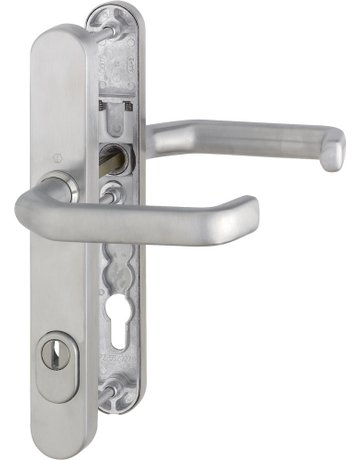 HOPPE Sicherheits-Drückergarnitur Liverpool E1313G/3359ZA/3357N, Langschild oval, 15mm, ES 1, mit Zylinderabdeckung, Profilzylinder gelocht, Entfernung 92mm, Vierkant 8mm, Türstärke 67-72mm, edelstahl matt