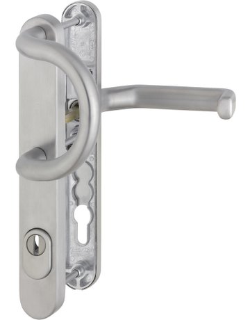 HOPPE Sicherheits-Wechselgarnitur Liverpool E538G/3359ZA/3357N/1313G, Langschild oval, 15mm, ES 1, mit Zylinderabdeckung, Profilzylinder gelocht, Entfernung 92mm, Vierkant 8mm, Türstärke 67-72mm, edelstahl matt