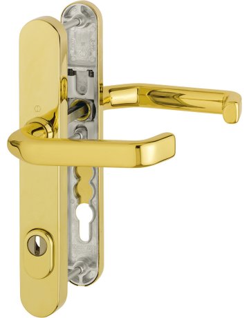 HOPPE Sicherheits-Drückergarnitur Liverpool M1313G/3359ZA/3357N, Langschild oval, 15mm, ES 1, mit Zylinderabdeckung, Profilzylinder gelocht, Entfernung 92mm, Vierkant 8mm, Türstärke 67-72mm, messingfarben poliert-Resista®