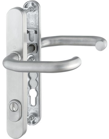 HOPPE Sicherheits-Drückergarnitur Paris RD-E138GF/3359ZA/3357N, Langschild oval, 15mm, ES 1, mit Zylinderabdeckung, Profilzylinder gelocht, Entfernung 92mm, Vierkant 9mm, Türstärke 67-72mm, edelstahl matt