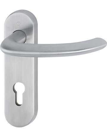 HOPPE Drückergarnitur Marseille FS-E1138/353KH, Kurzschild, oval, Profilzylinder gelocht, Entfernung 72mm, Vierkant 9mm, Türstärke 40 - 65mm, Befestigungstechnik mit Stütznocken, grau, edelstahl matt