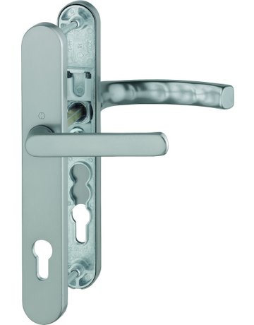 HOPPE Drückergarnitur Liège 099KH/3357N/1540, Langschild, oval, Profilzylinder gelocht, Entfernung 92mm, Vierkant 8mm, Türstärke 67 - 72mm, Befestigungstechnik mit Stütznocken, grau, stahlfarbig, eloxiert