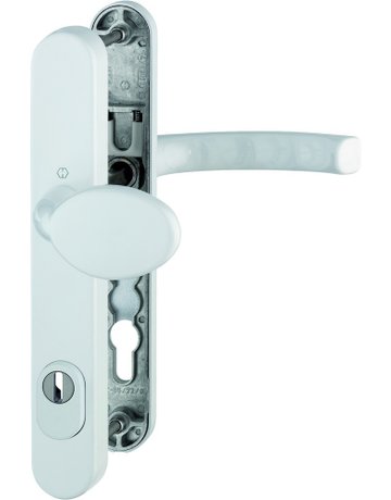 HOPPE Sicherheits-Wechselgarnitur Liège 76G/3359ZA/3357N/1540, Langschild oval, 15mm, mit Zylinderabdeckung, Profilzylinder gelocht, Entfernung 92mm, Vierkant 8mm, Türstärke 67-72mm, verkehrsweiß beschichtet