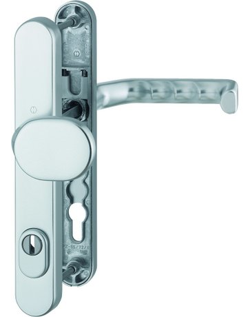 HOPPE Sicherheits-Wechselgarnitur Liverpool 86G/3359ZA/3357N/1313G, Langschild oval, 15mm, ES 1, mit Zylinderabdeckung, Profilzylinder gelocht, Entfernung 92mm, Vierkant 8mm, Türstärke 67-72mm, naturfarben eloxiert
