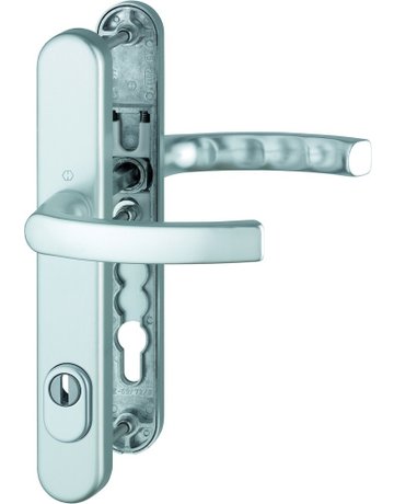 HOPPE Sicherheits-Drückergarnitur Liège 1540/3359ZA/3357N, Langschild oval, 15mm, ES 1, mit Zylinderabdeckung, Profilzylinder gelocht, Entfernung 92mm, Vierkant 8mm, Türstärke 67-72mm, naturfarben eloxiert