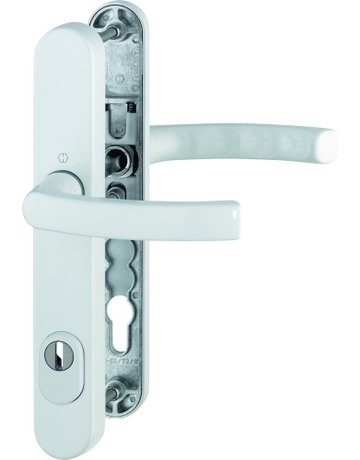 HOPPE Sicherheits-Drückergarnitur Liège 1540/3359ZA/3357N, Langschild oval, 15mm, ES 1, mit Zylinderabdeckung, Profilzylinder gelocht, Entfernung 92mm, Vierkant 8mm, Türstärke 67-72mm, verkehrsweiß beschichtet