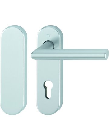 HOPPE Standflügelgarnitur Amsterdam FS-1400/353KH, Kurzschild, oval, Blind/Profilzylinder gelocht, Entfernung 72mm, Vierkant 9mm, Türstärke 40 - 65mm, Befestigungstechnik mit Stütznocken, silber, naturfarben, eloxiert